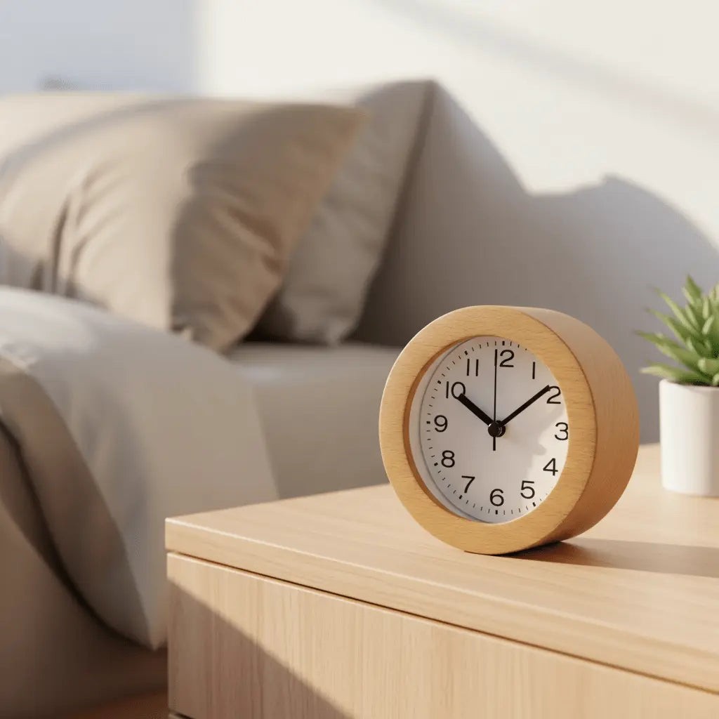 Silent beech wood alarm clock with LED night light - product photo 1