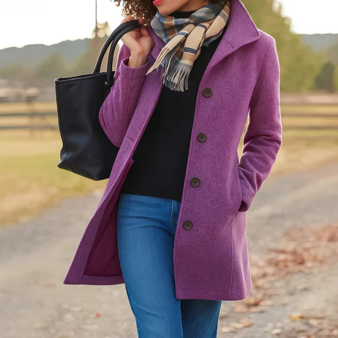 Woman wearing the Allison women's button-up coat, back view