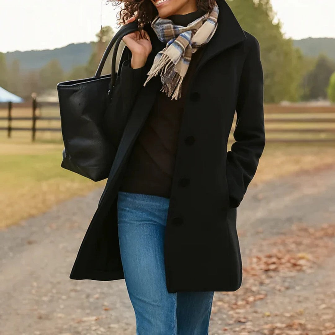 Woman wearing the Allison women's button-up coat, detail view