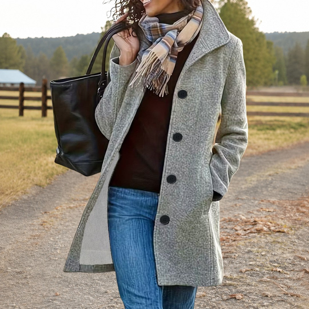 Woman wearing the Allison women's button-up coat, flatlay view