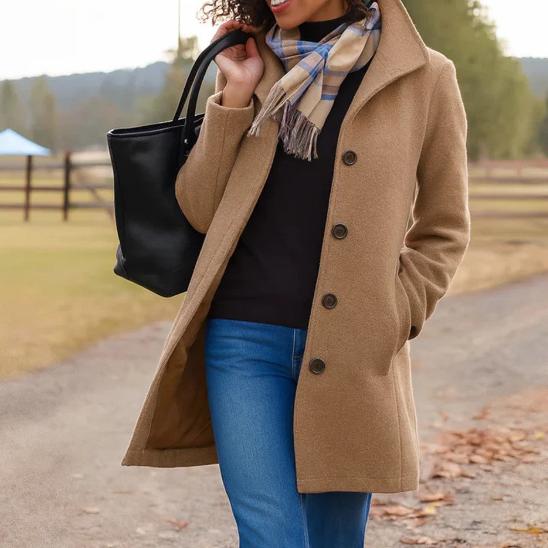 Woman wearing the Allison women's button-up coat, front view