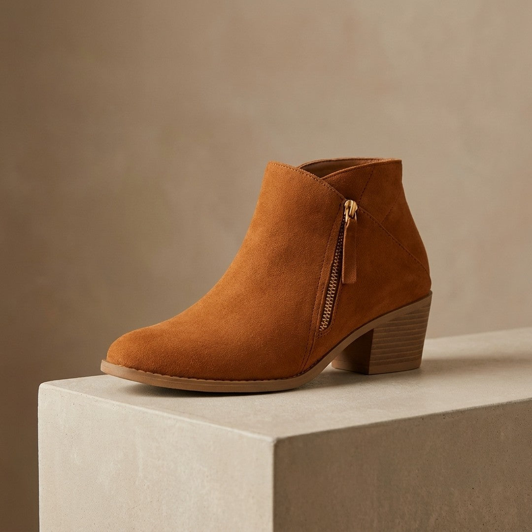 Woman wearing the Anais women's casual zip-up boots, front view
