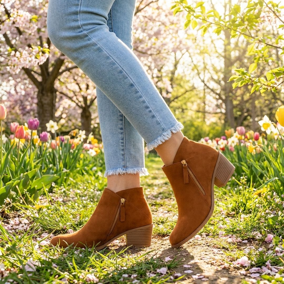 Woman wearing the Anais women's casual zip-up boots, model view