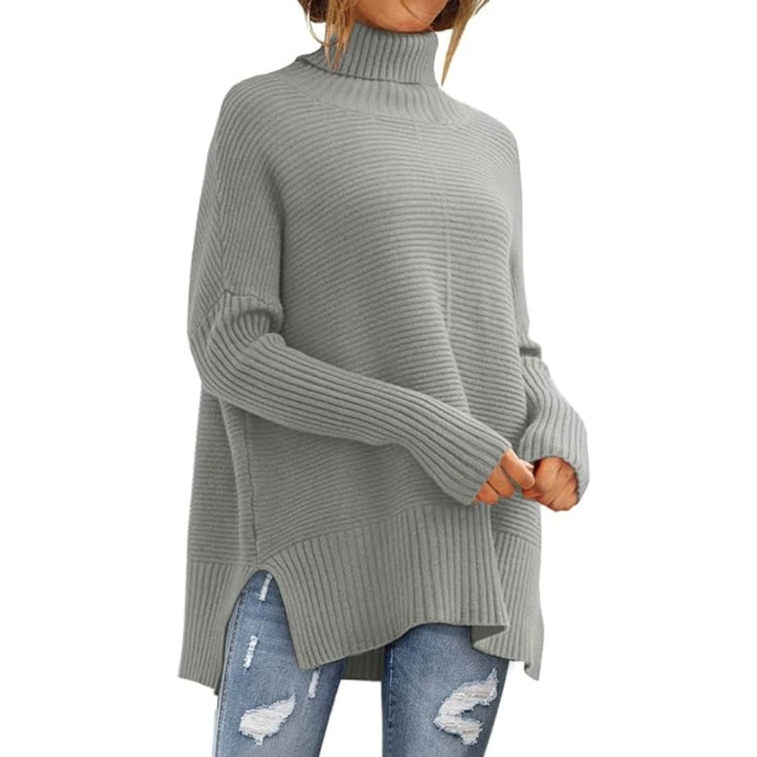 Woman wearing the Anna women's turtleneck elegant sweater, 7 view