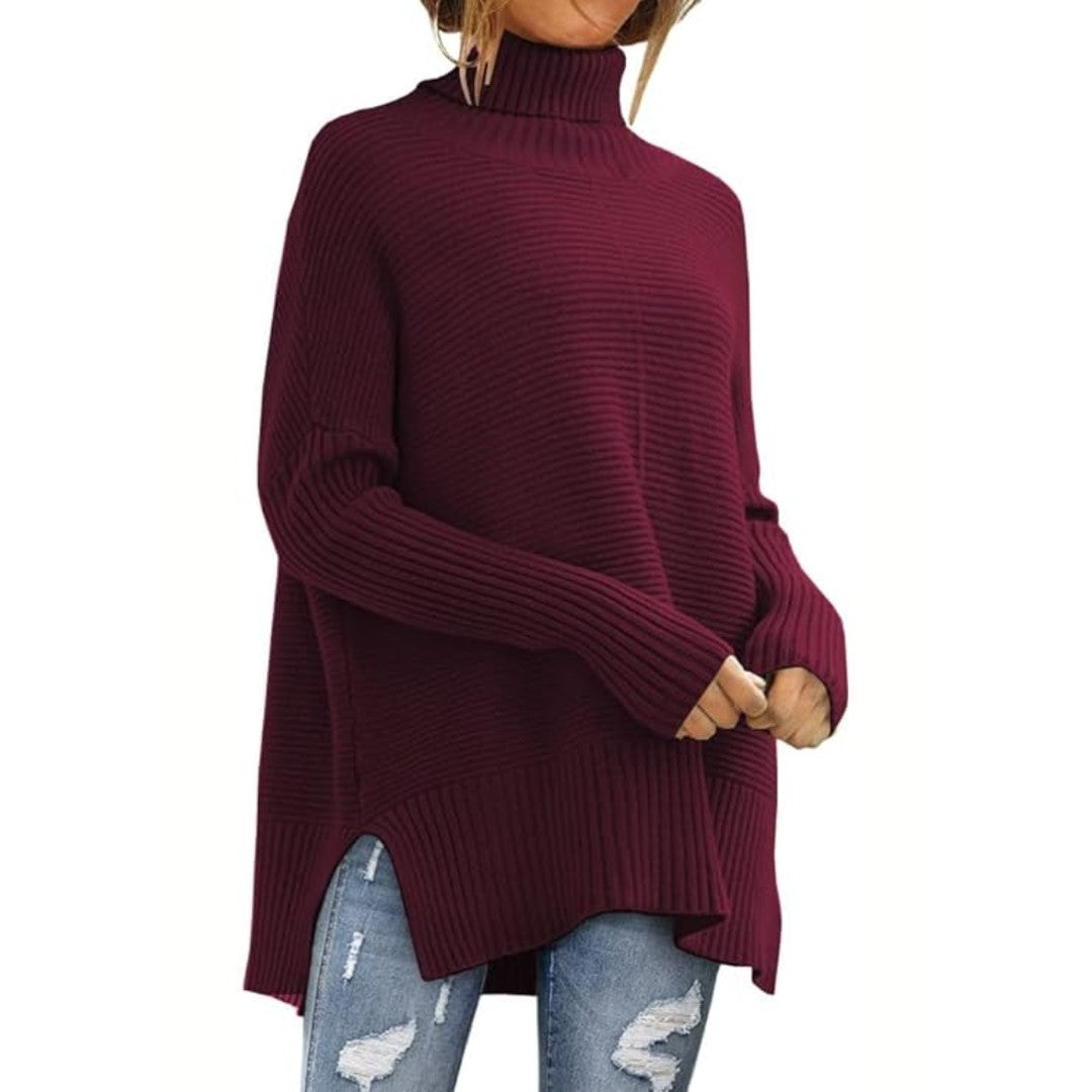 Woman wearing the Anna women's turtleneck elegant sweater, 9 view