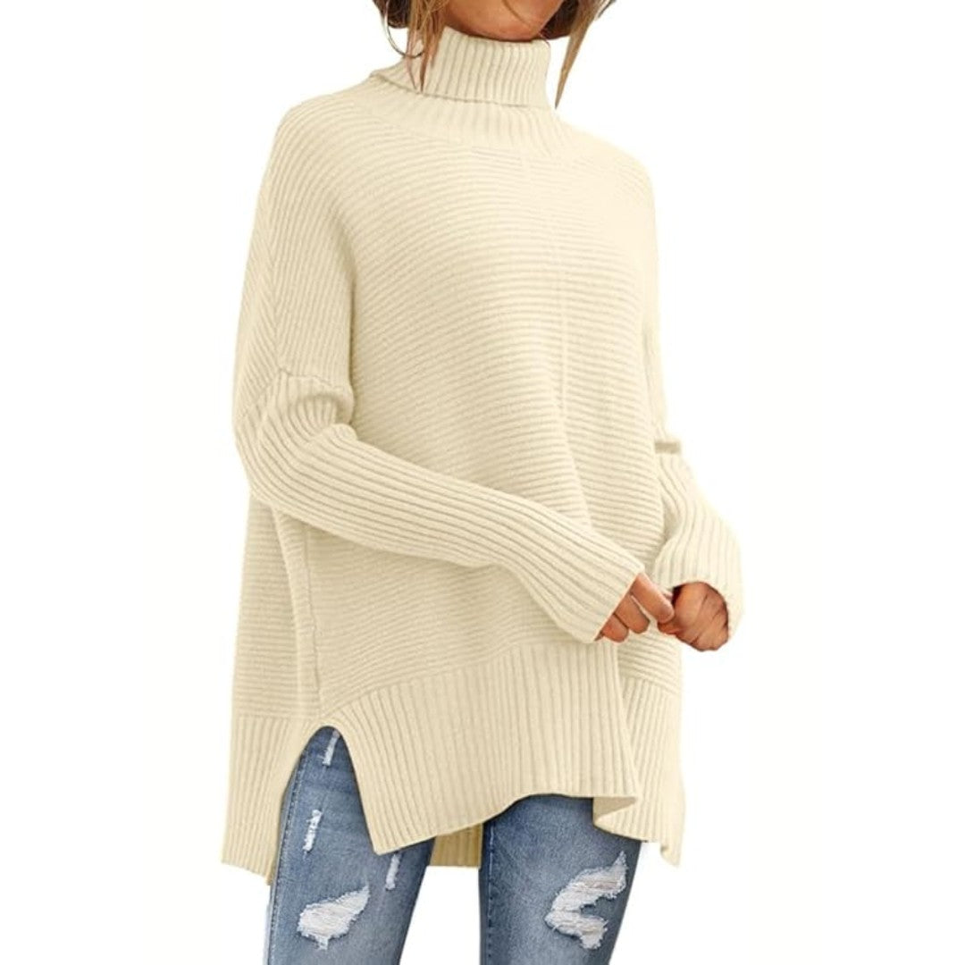 Woman wearing the Anna women's turtleneck elegant sweater, flatlay view
