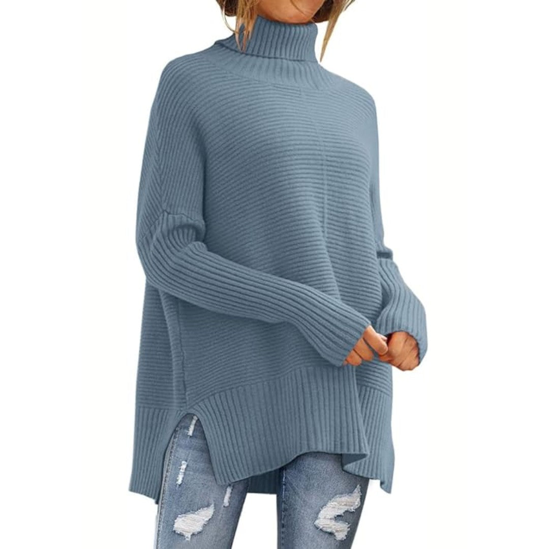Woman wearing the Anna women's turtleneck elegant sweater, model view