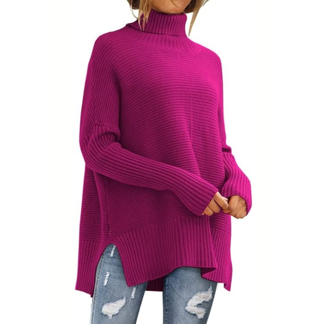 Woman wearing the Anna women's turtleneck elegant sweater, side view