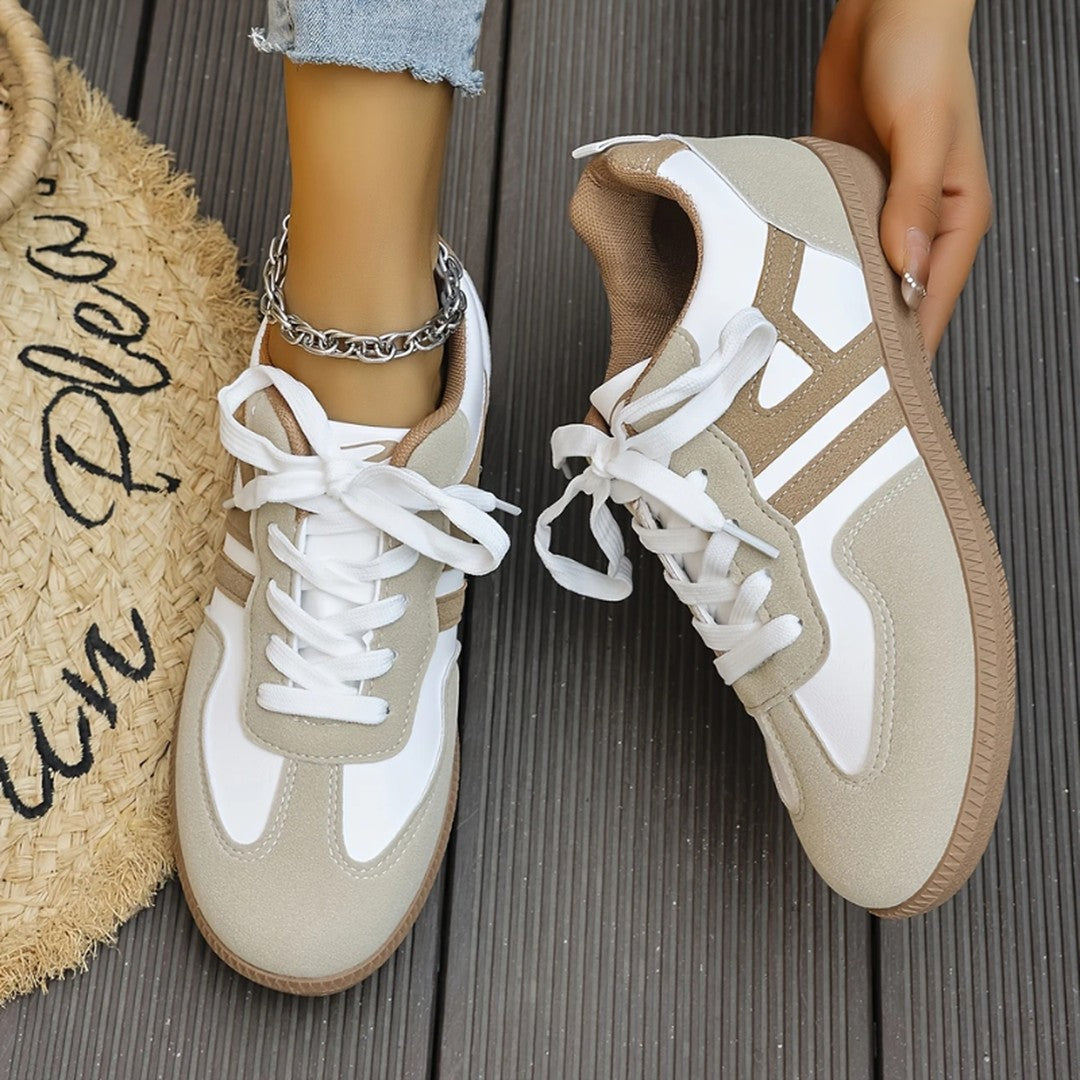 Woman wearing the Annabel women's wide-leg sneakers, flatlay view