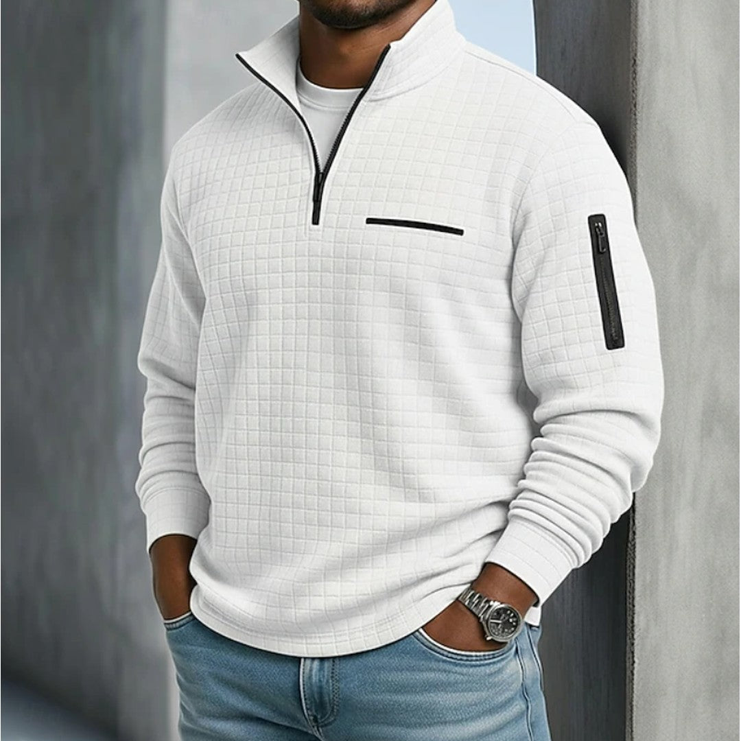 Man wearing the Anton men's casual waffle-knit shirt, detail view