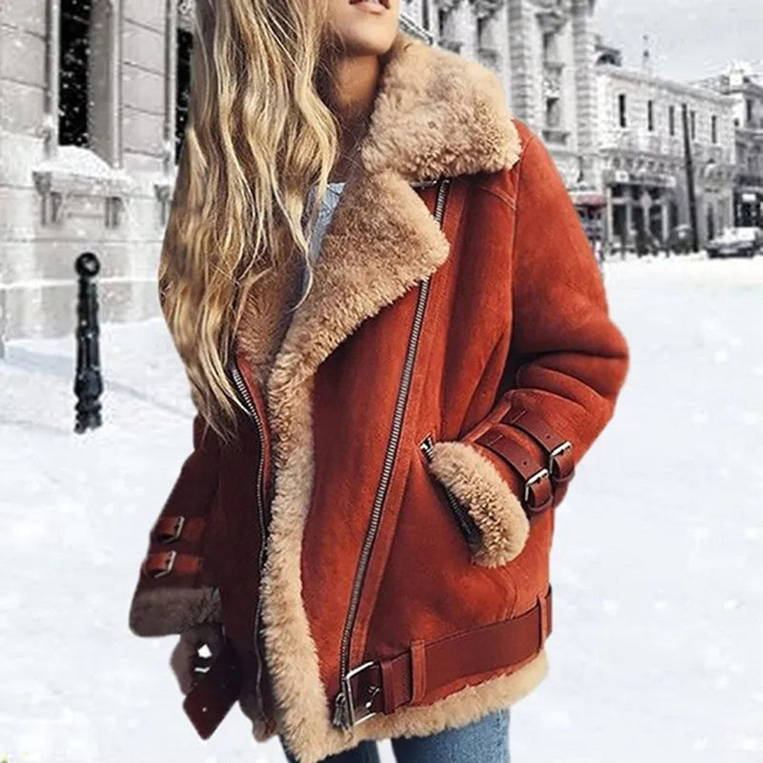Woman wearing the Antonia women's suede jacket, front view