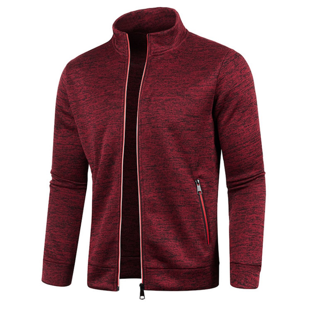 Man wearing the Arlo men's collared knit pocket detail cardigan, back view