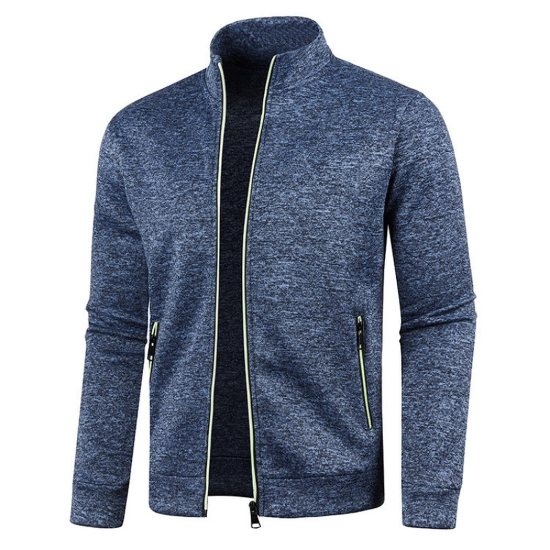 Man wearing the Arlo men's collared knit pocket detail cardigan, side view