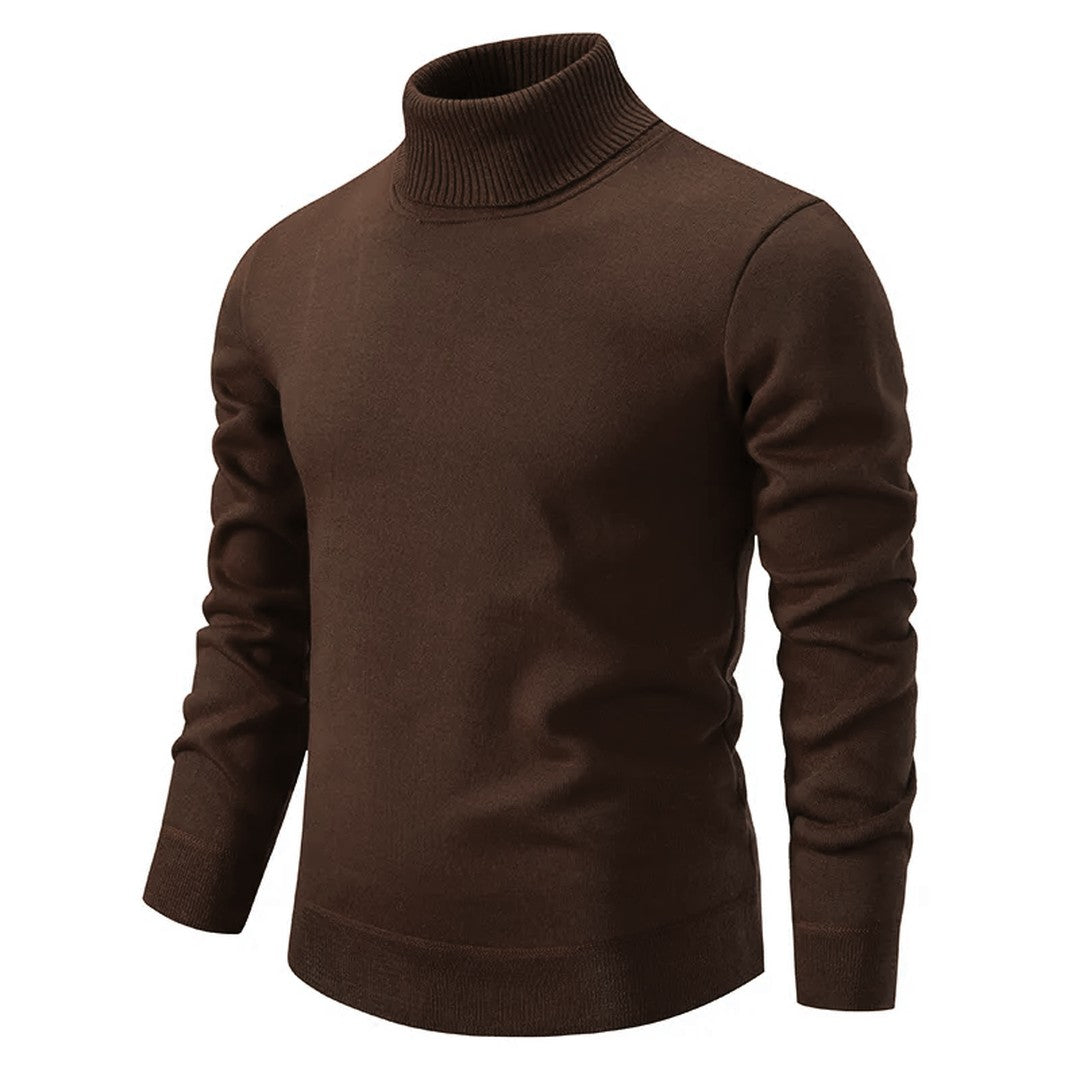 Woman wearing the Astrid women's turtleneck knit sweater, flatlay view
