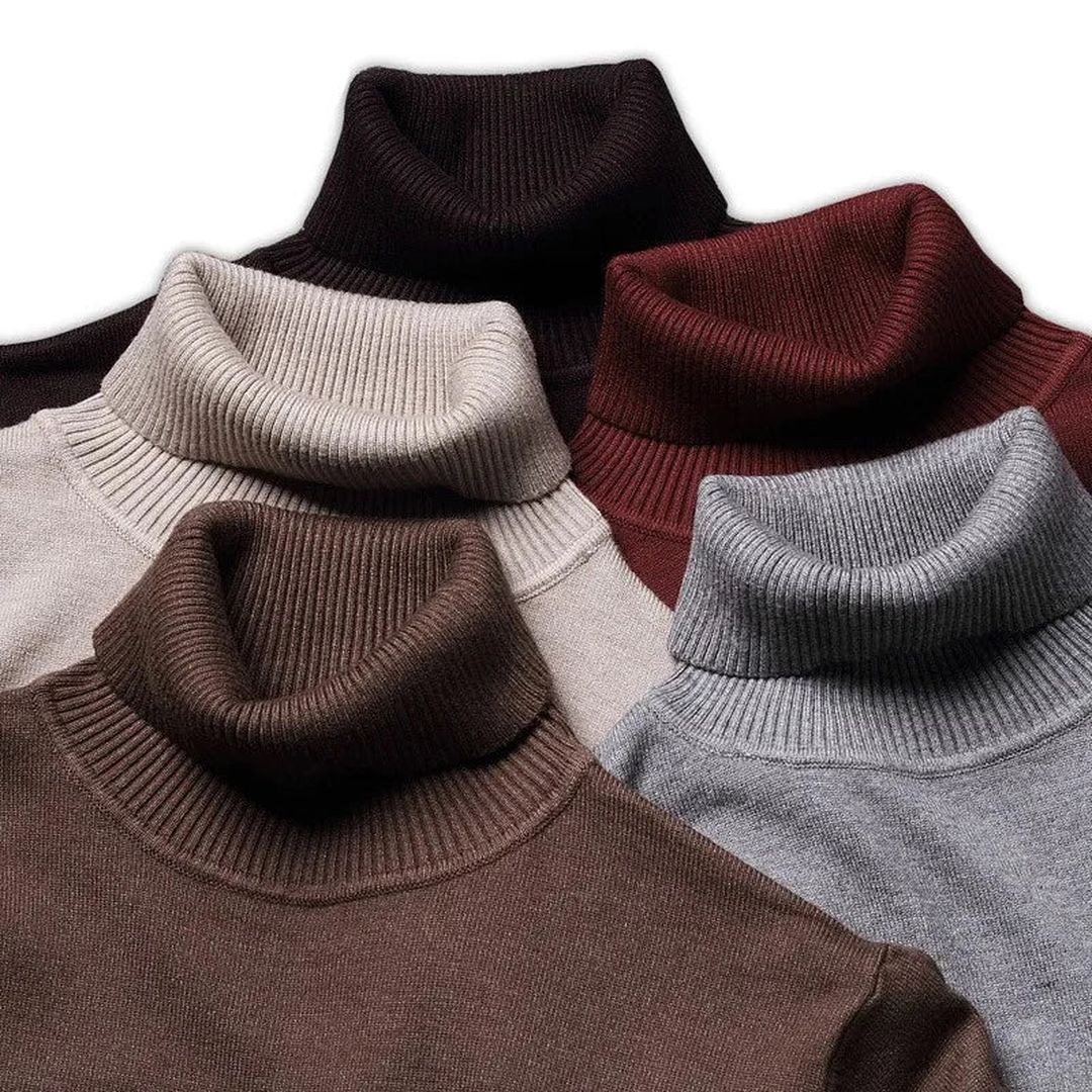 Woman wearing the Astrid women's turtleneck knit sweater, front view