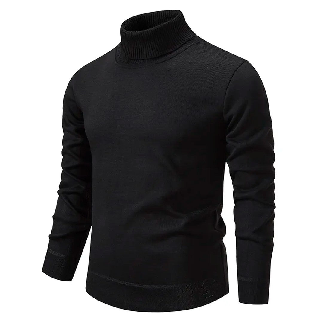 Woman wearing the Astrid women's turtleneck knit sweater, side view
