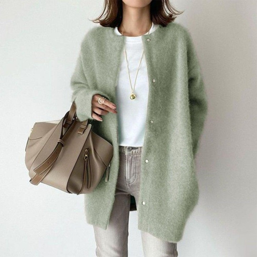Woman wearing the Aurora women's high-waist coat, flatlay view