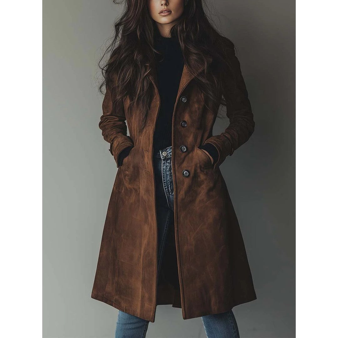 Woman wearing the Autumn women's trench coat, front view
