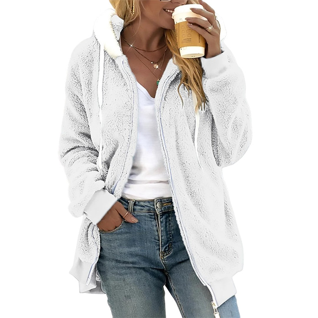 Woman wearing the Ayla women's hooded zip-up jacket, back view