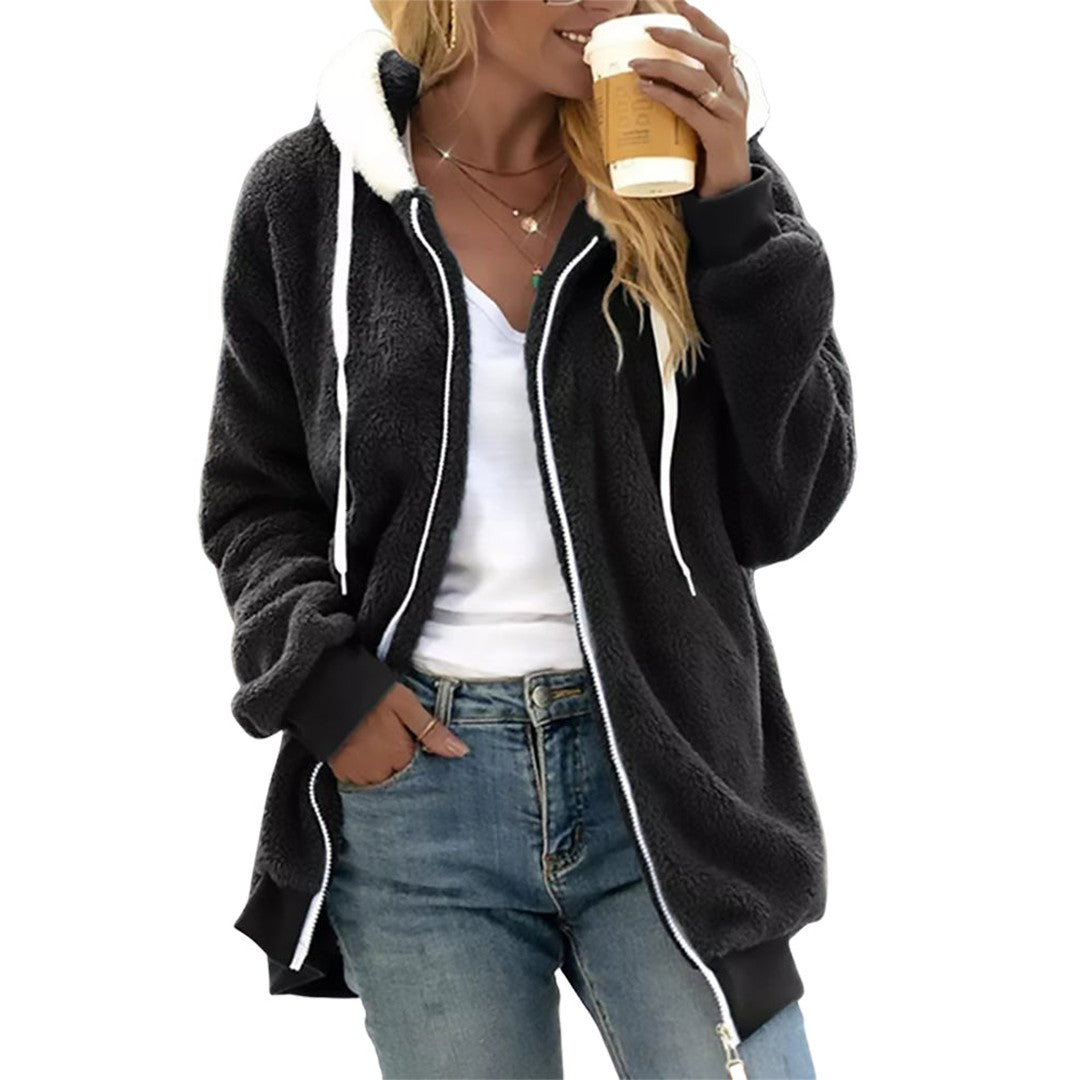 Woman wearing the Ayla women's hooded zip-up jacket, detail view
