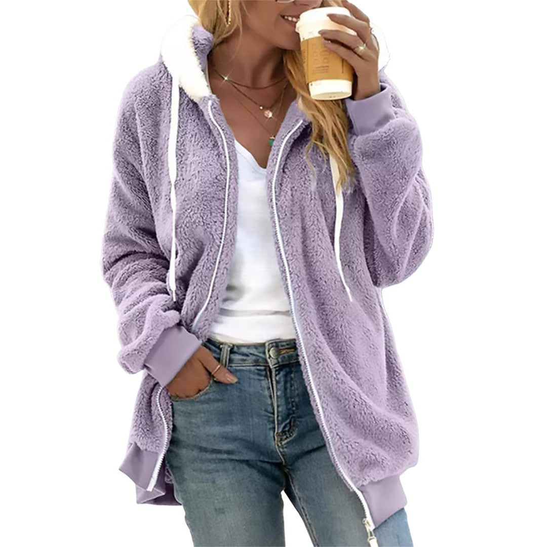 Woman wearing the Ayla women's hooded zip-up jacket, flatlay view