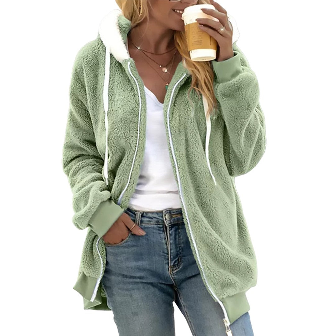 Woman wearing the Ayla women's hooded zip-up jacket, model view