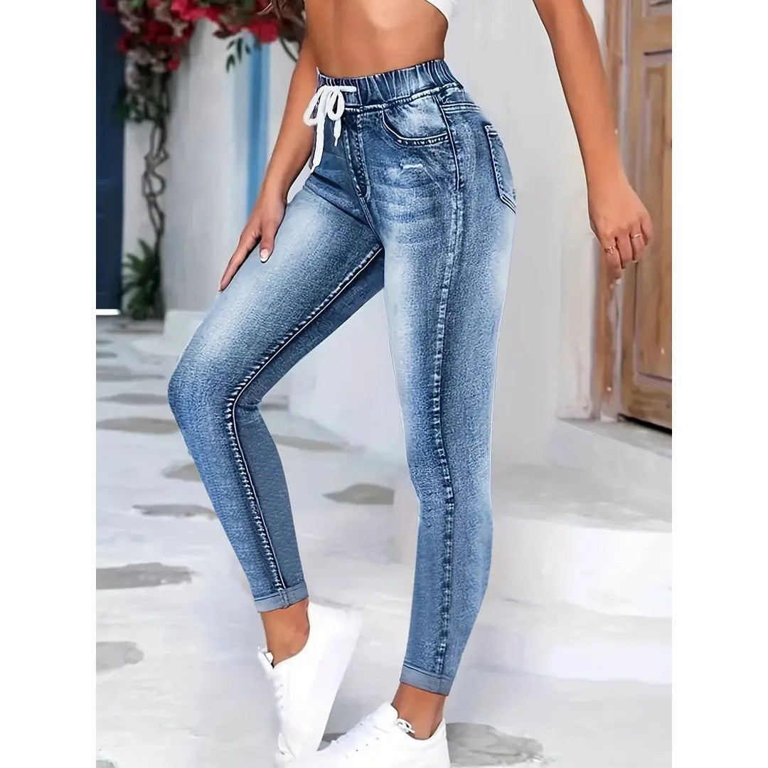 Woman wearing the Beau women's slim-fit leggings, back view