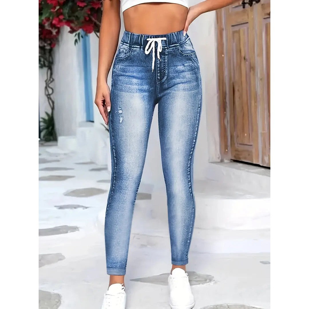 Woman wearing the Beau women's slim-fit leggings, front view