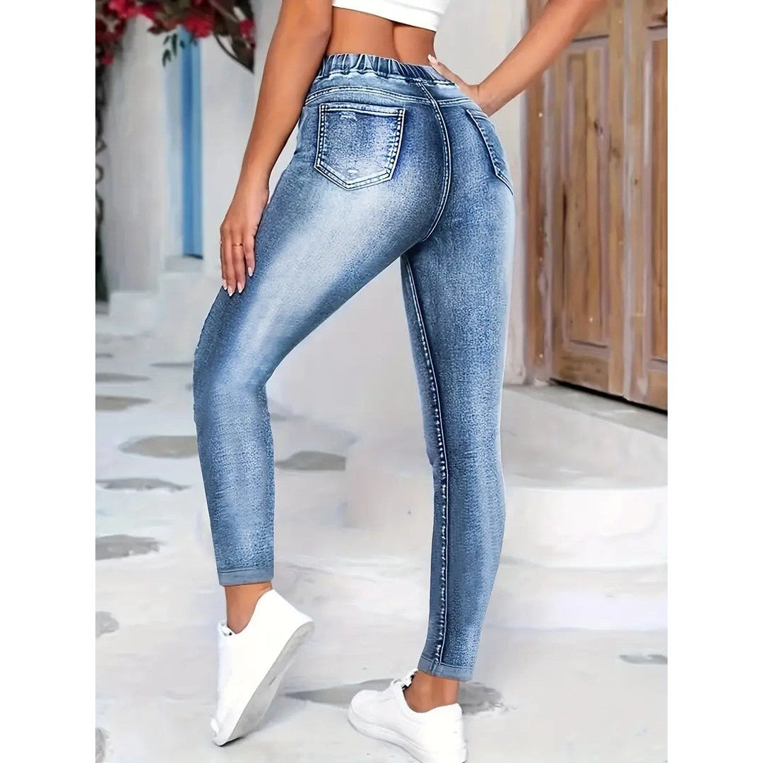 Woman wearing the Beau women's slim-fit leggings, side view