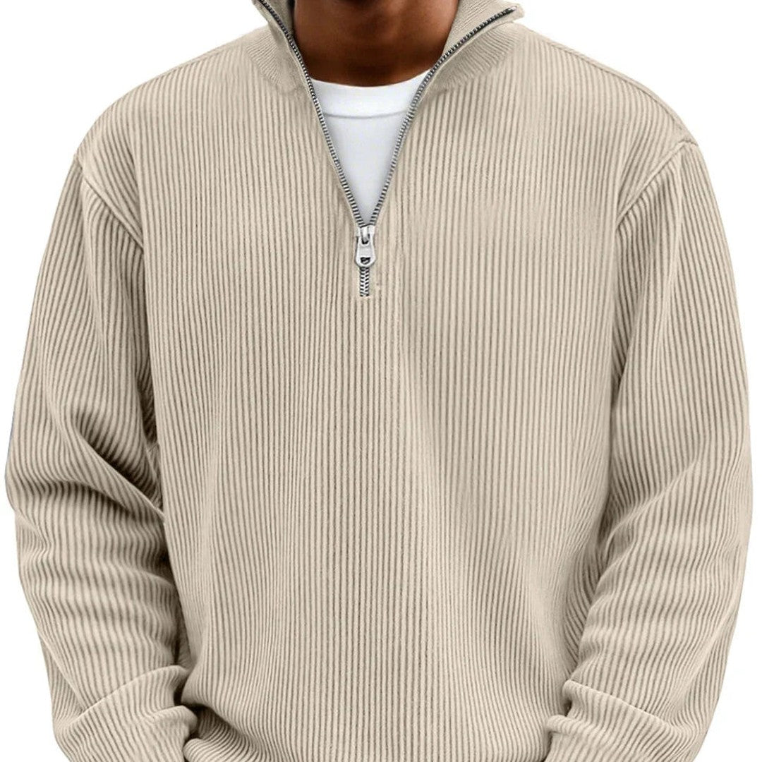 Man wearing the Bertram men's sweater, detail view