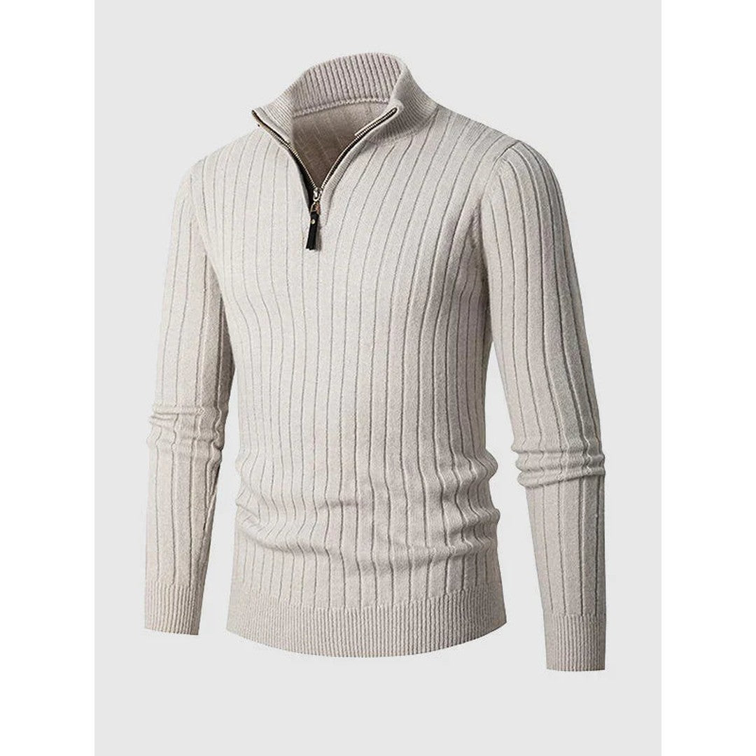 Man wearing the Blaise men's knit zip-up sweater, back view