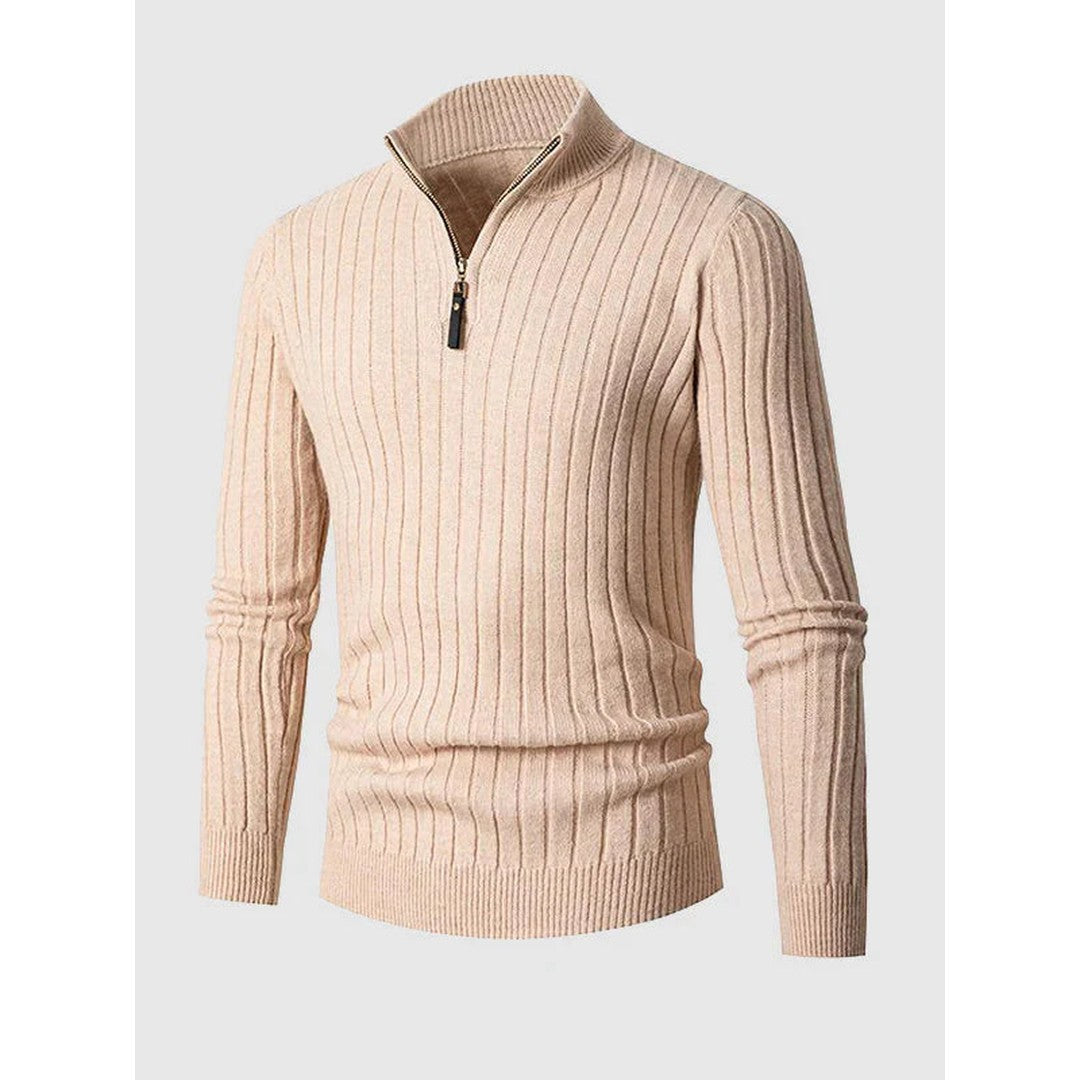 Man wearing the Blaise men's knit zip-up sweater, detail view