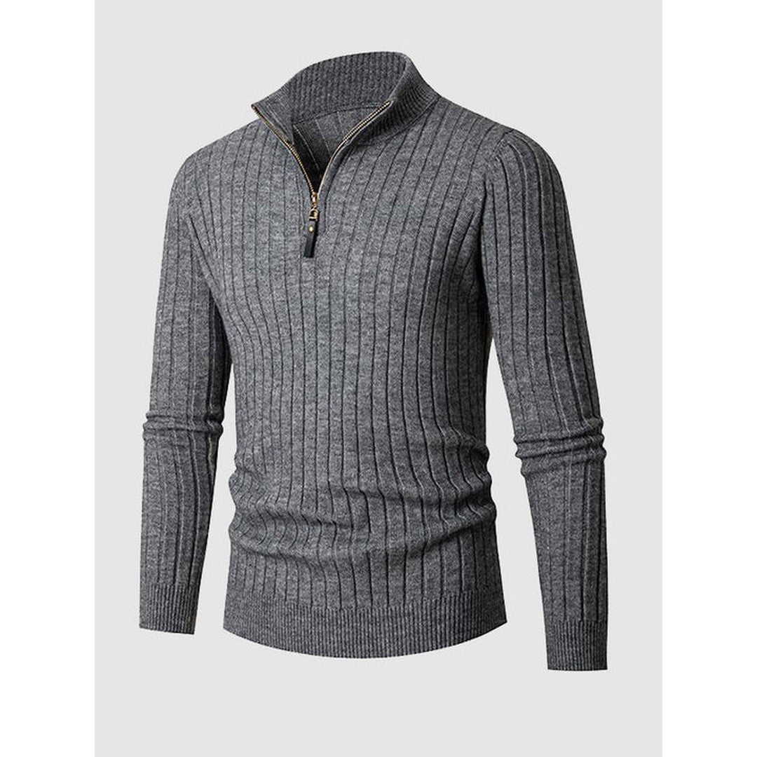 Man wearing the Blaise men's knit zip-up sweater, flatlay view