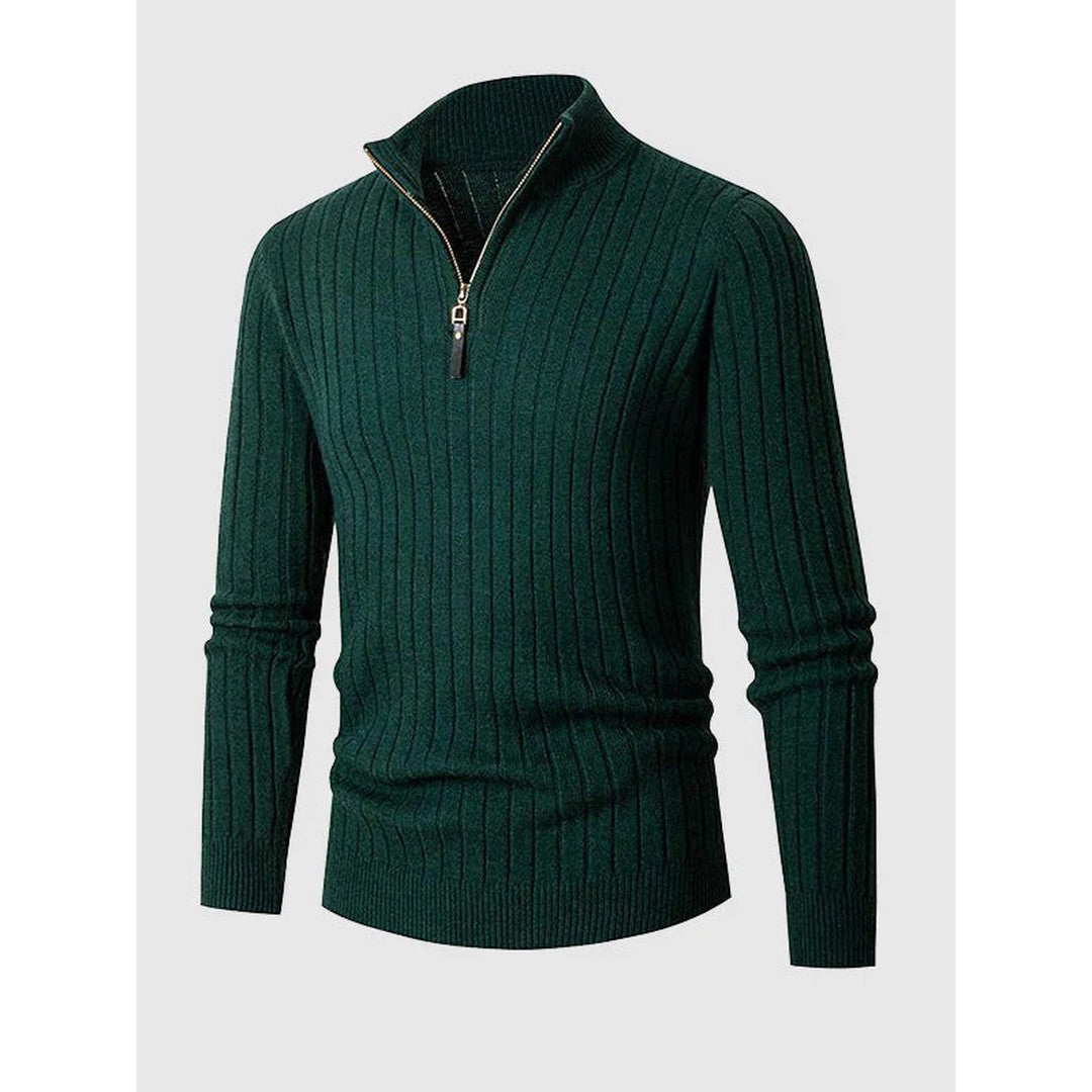 Man wearing the Blaise men's knit zip-up sweater, model view