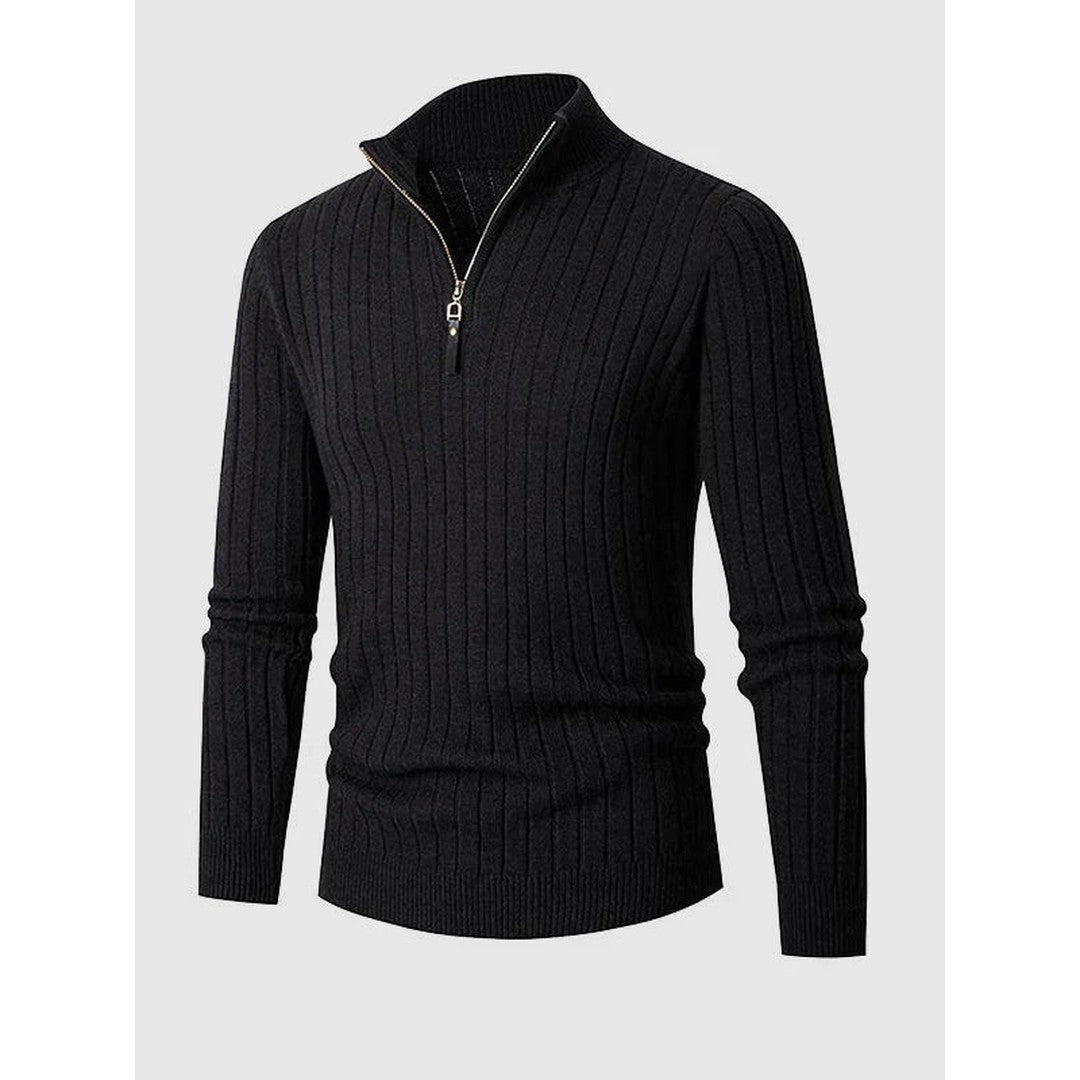 Man wearing the Blaise men's knit zip-up sweater, side view