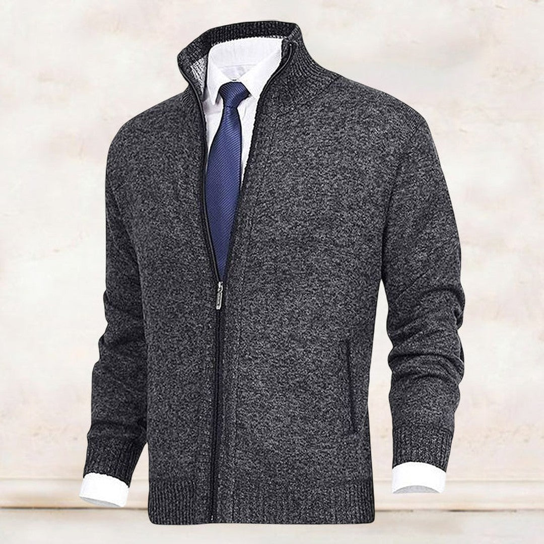 Man wearing the Bodhi men's collared cotton elegant cardigan, 10 view