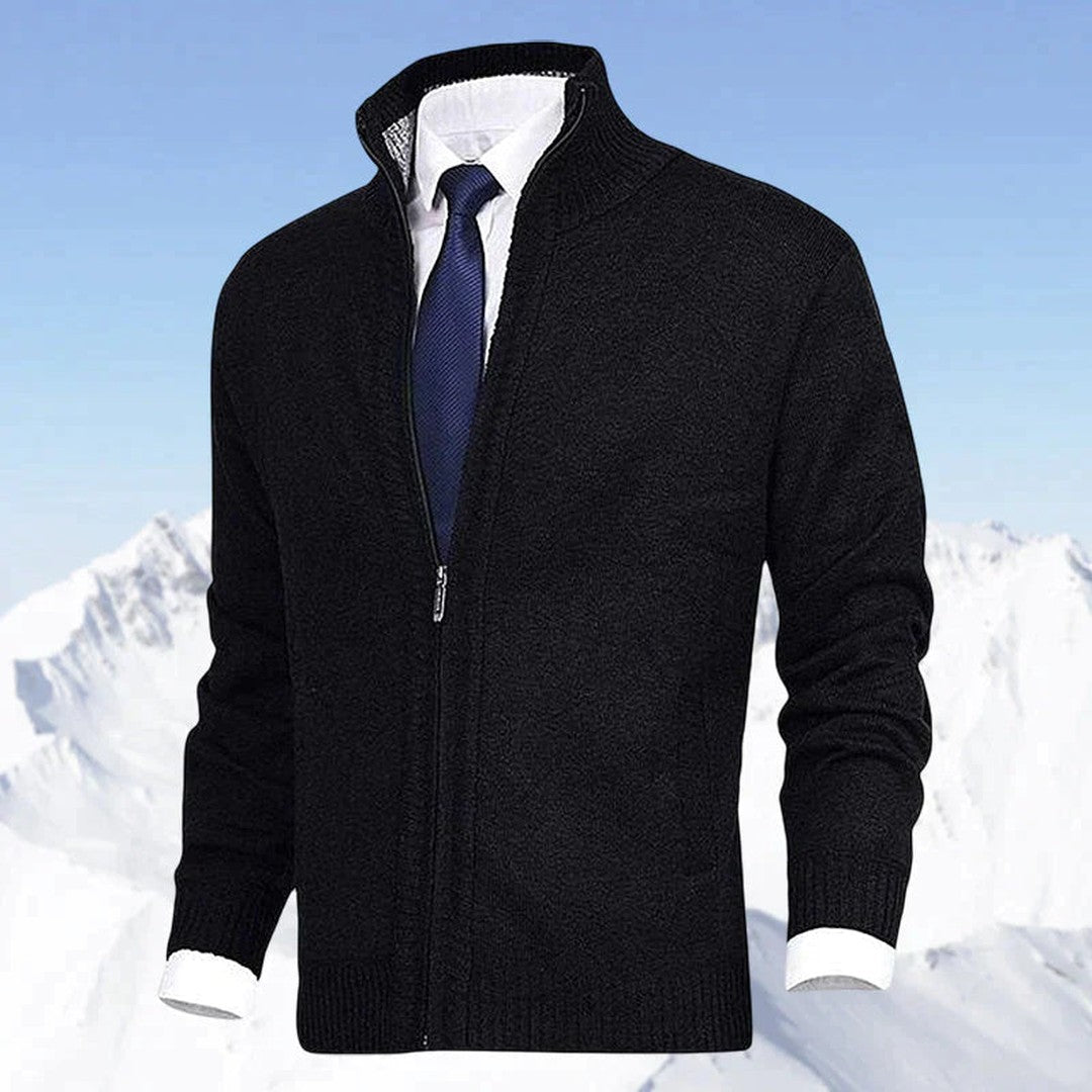 Man wearing the Bodhi men's collared cotton elegant cardigan, 11 view