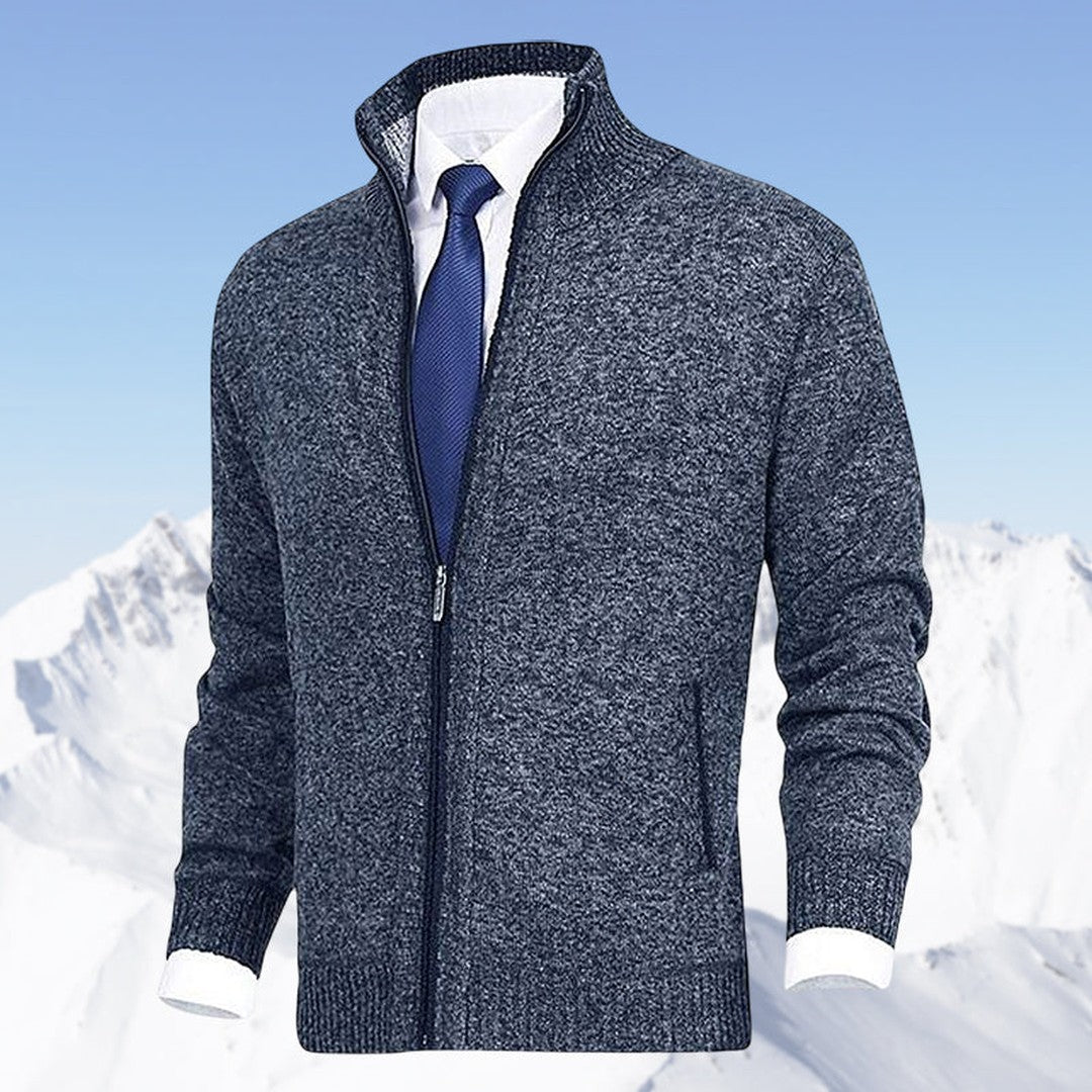 Man wearing the Bodhi men's collared cotton elegant cardigan, 13 view