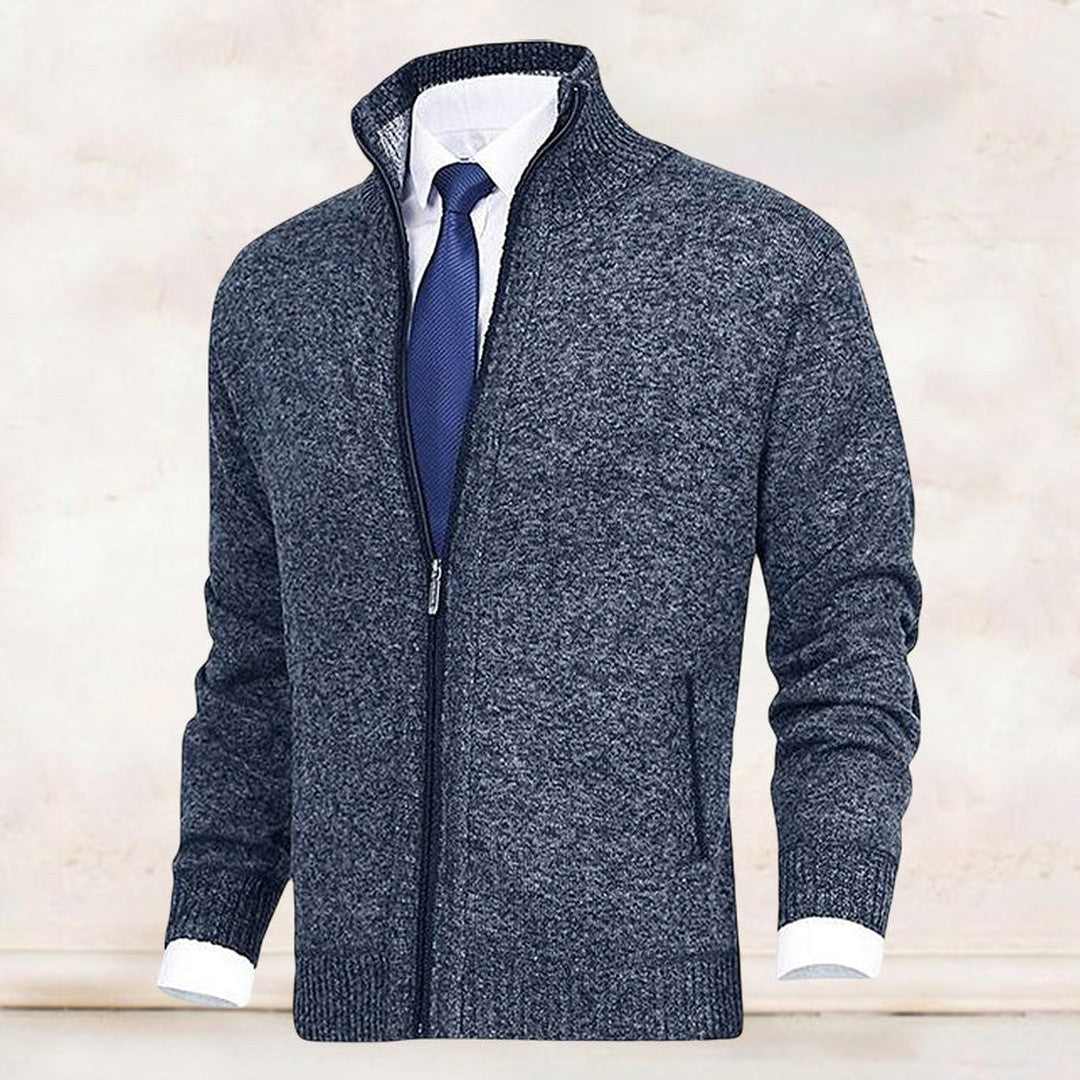 Man wearing the Bodhi men's collared cotton elegant cardigan, 14 view