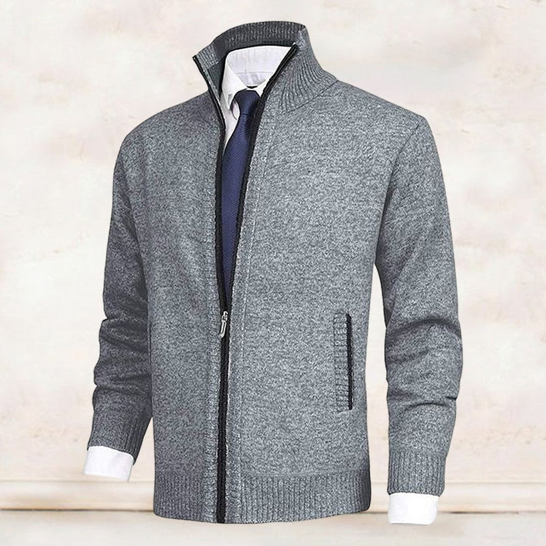 Man wearing the Bodhi men's collared cotton elegant cardigan, 7 view