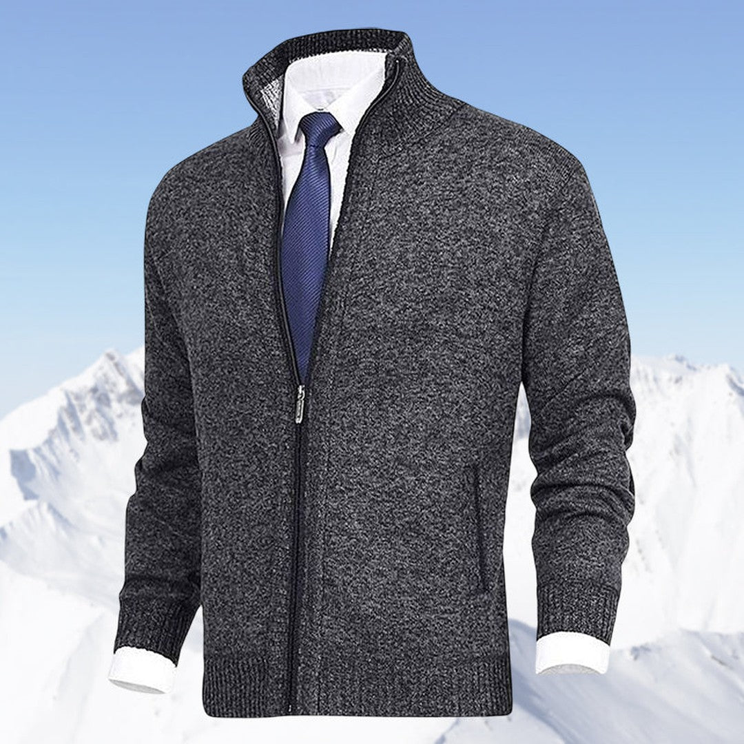 Man wearing the Bodhi men's collared cotton elegant cardigan, 8 view