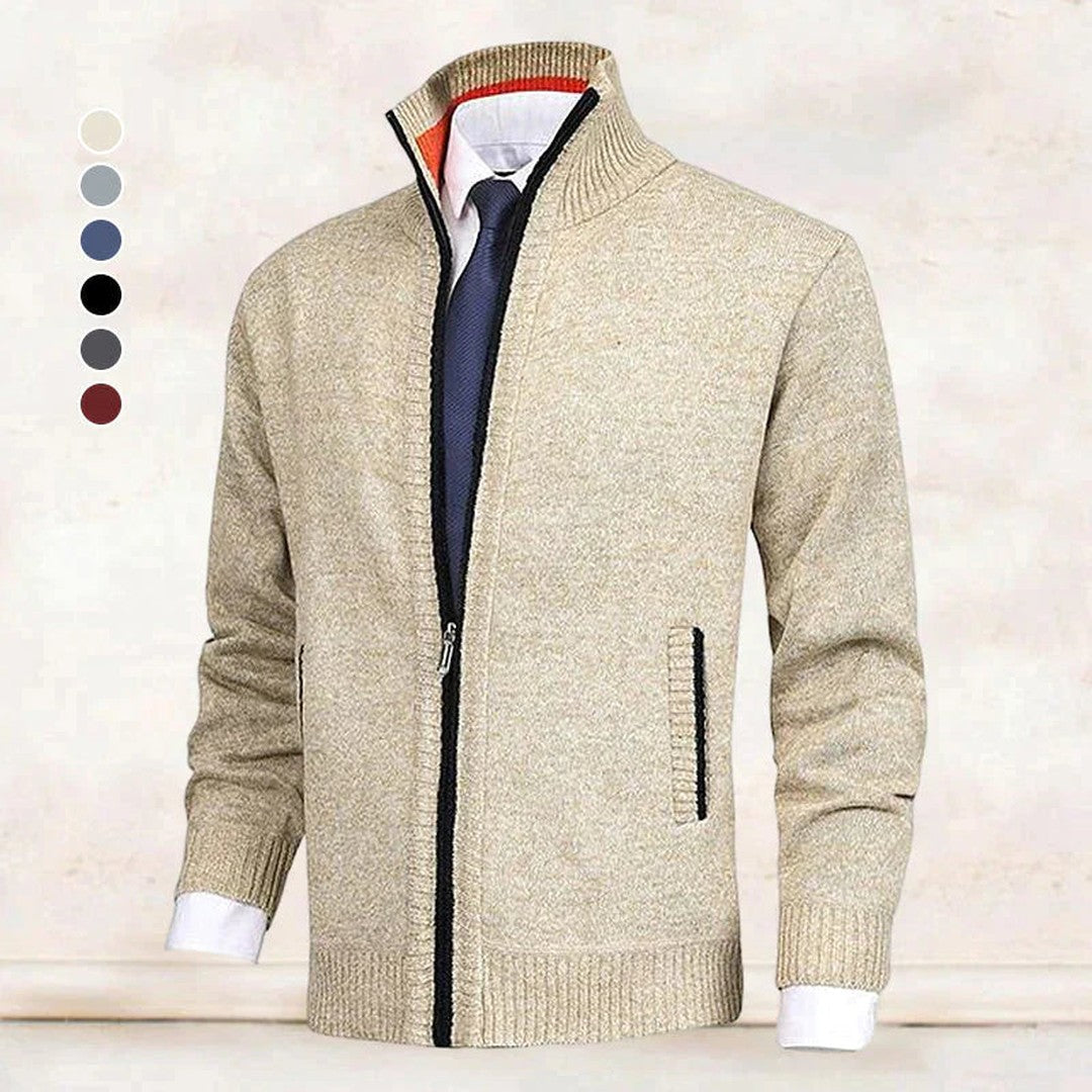 Man wearing the Bodhi men's collared cotton elegant cardigan, back view