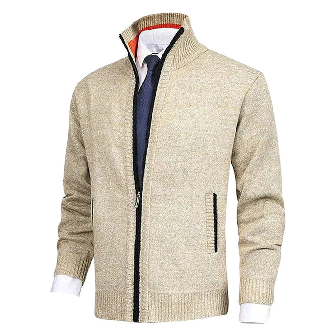 Man wearing the Bodhi men's collared cotton elegant cardigan, detail view