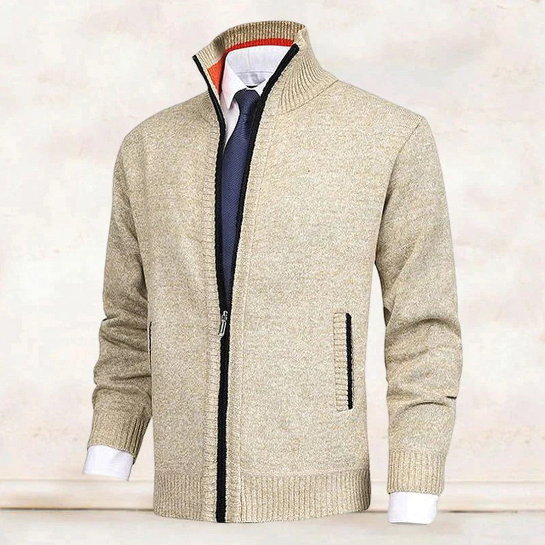 Man wearing the Bodhi men's collared cotton elegant cardigan, model view
