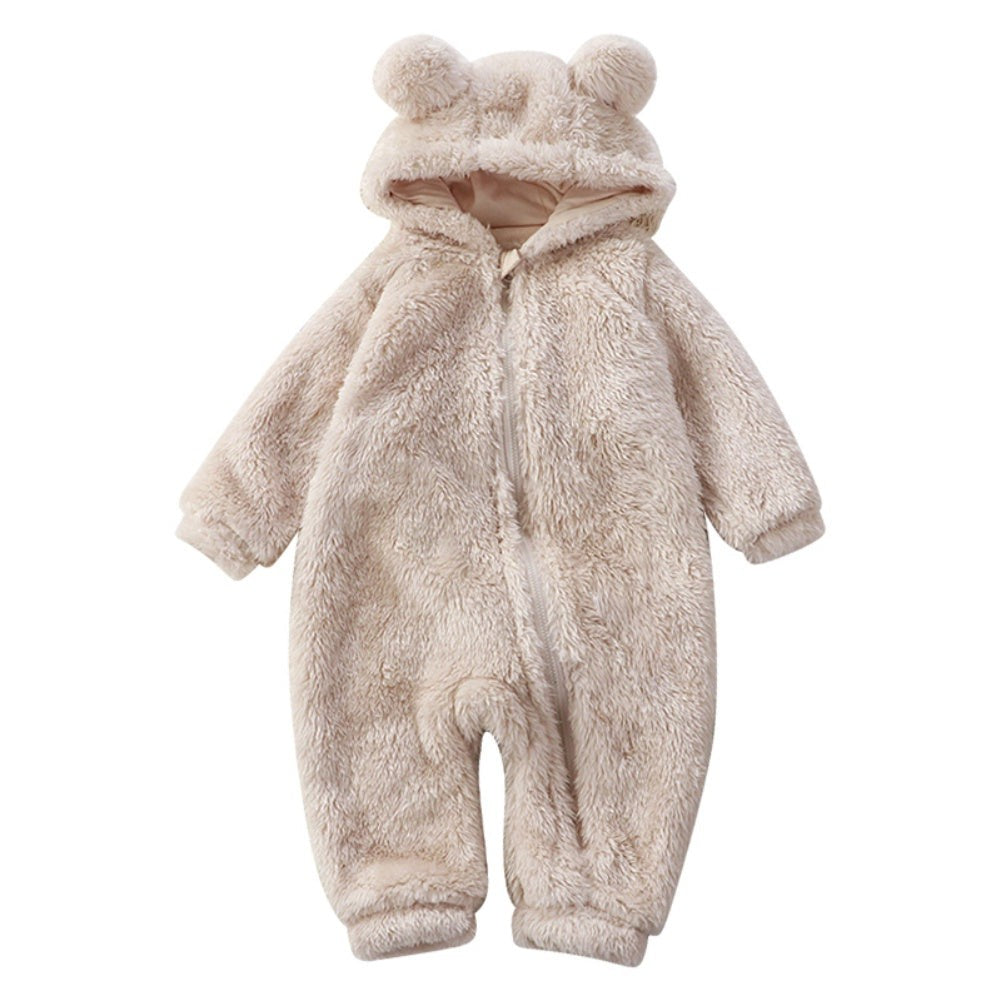 Soft flannel baby onesie with a bear ear hood - product photo 1