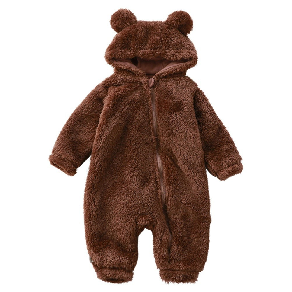 Soft flannel baby onesie with a bear ear hood - product photo 2