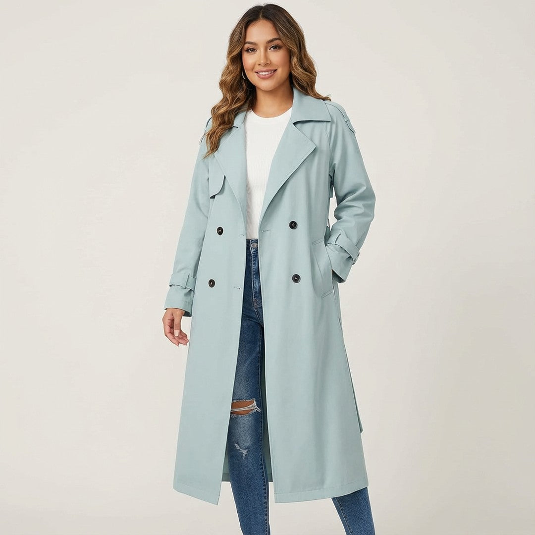 Woman wearing the Bridget women's casual cotton long-sleeve trench coat, back view