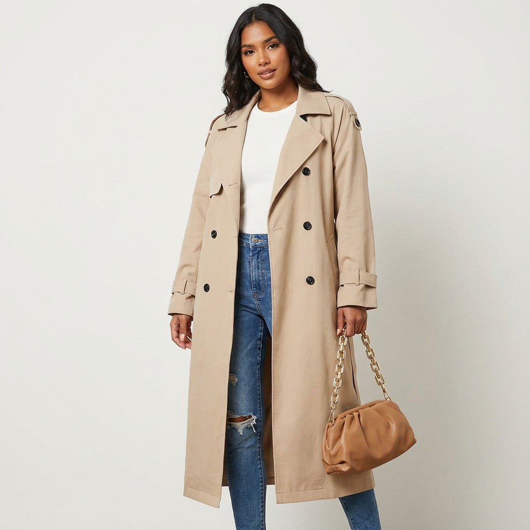 Woman wearing the Bridget women's casual cotton long-sleeve trench coat, front view