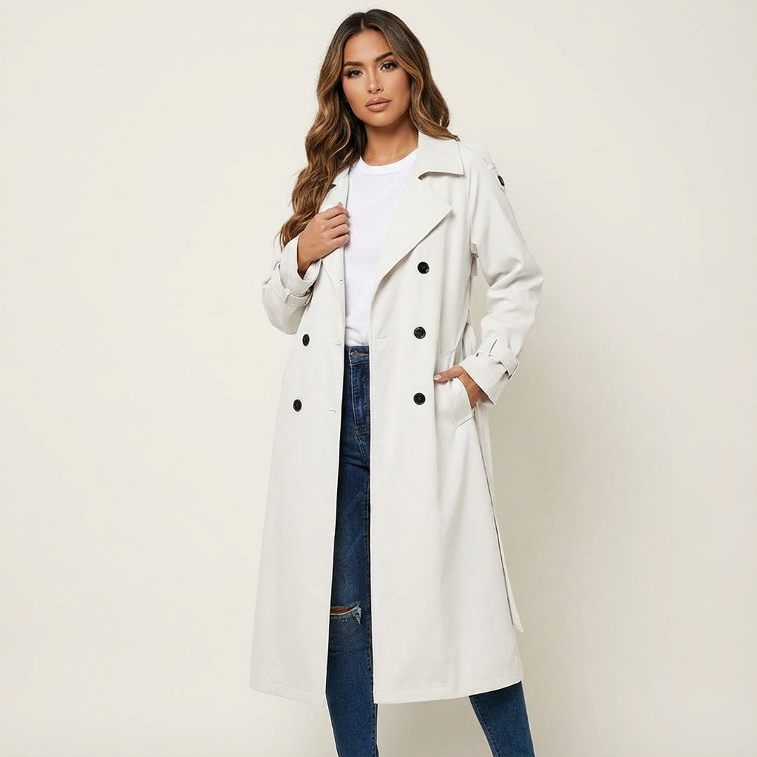 Woman wearing the Bridget women's casual cotton long-sleeve trench coat, model view
