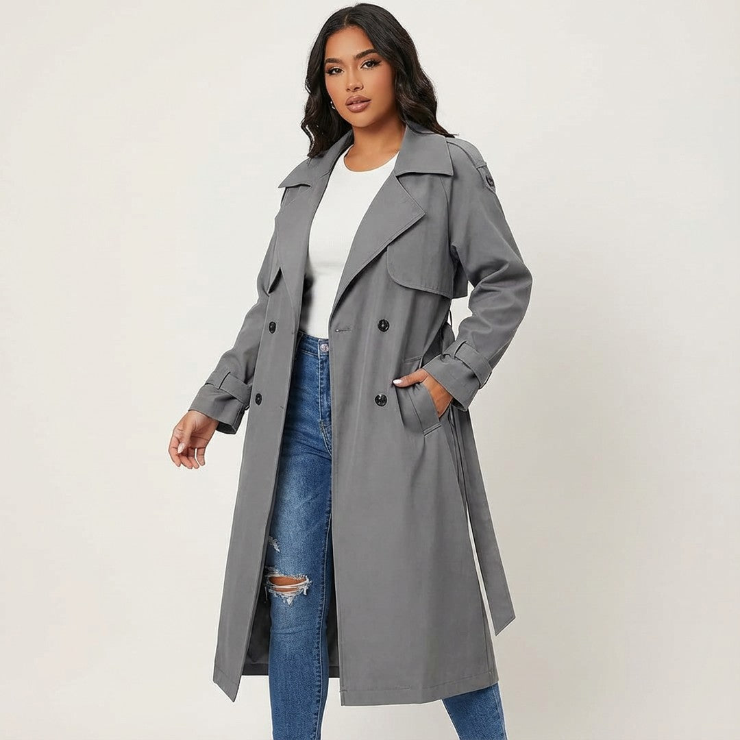 Woman wearing the Bridget women's casual cotton long-sleeve trench coat, side view